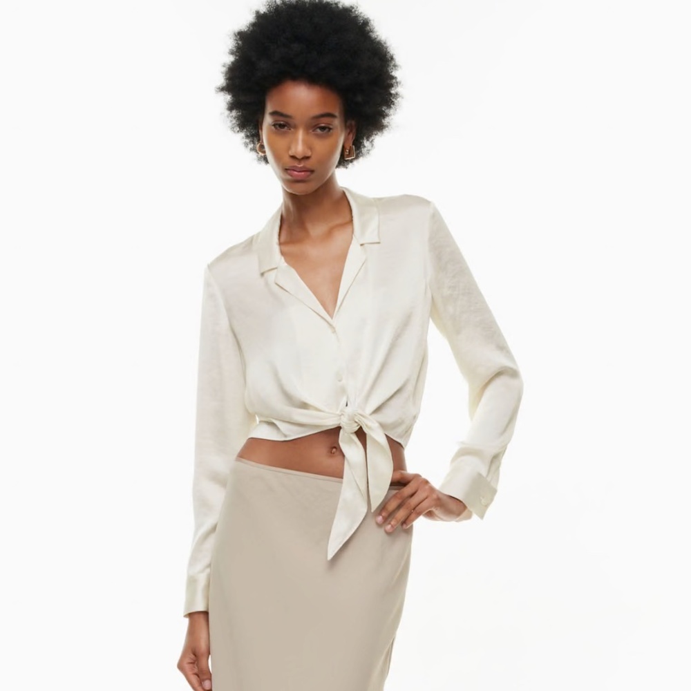 Aritzia Wilfred Tie-Front Long Sleeve Satin Blouse Light Birch Size Small